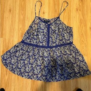 Madewell Blue and White Ruched Spaghetti Strap Top